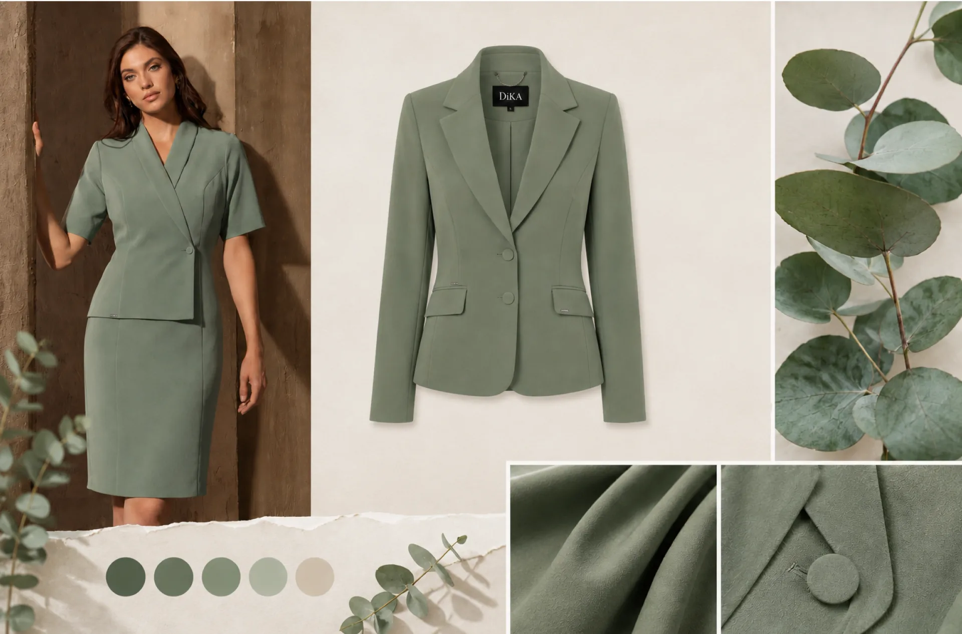 Dress and blazer in Eucalyptus from DiKa’s Fall 2026 Collection Eucalyptus green dress and blazer from DiKa’s Fall 2026 Collection